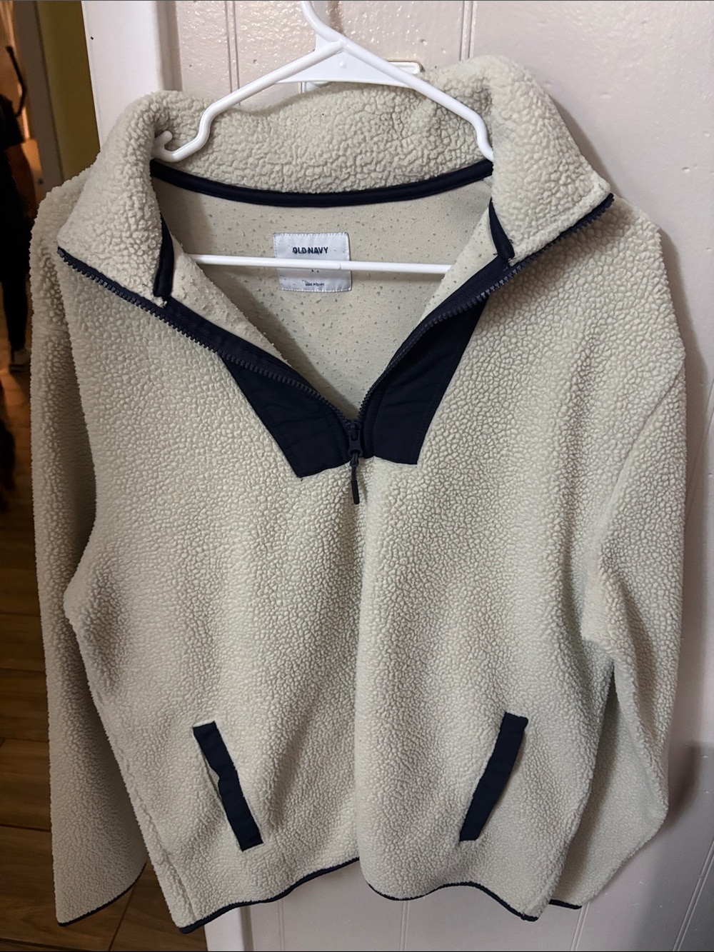 Old Navy Cream Sherpa Quarter-Zip Pullover with Black Accents